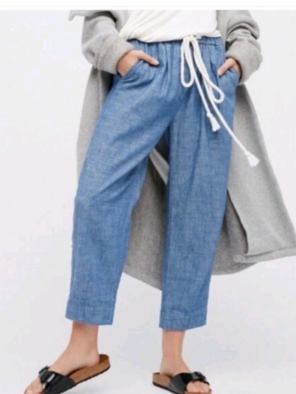 Free People Chambray Blue Drawstring Linen-Cotton Blend Crop Pants